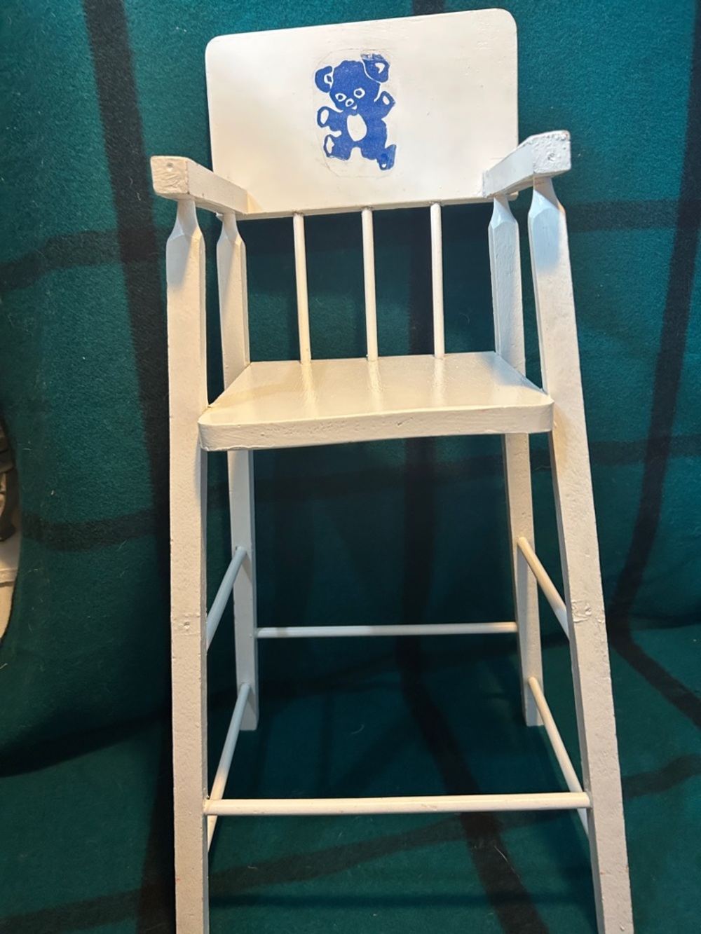 Vintage Doll High CharWooden Chair With Blue Teddy Detail